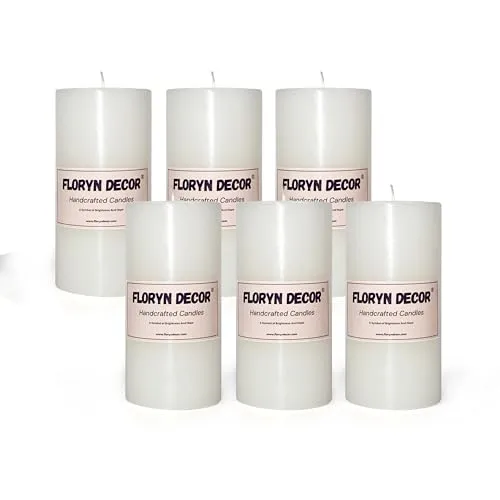 Floryn Decor Luxury Smokeless Pillar Candles, Long Burning Candles, Big Pillar Candles for Home Decor, Size- 3 by 6 inches (Unscented, Pack of 6)