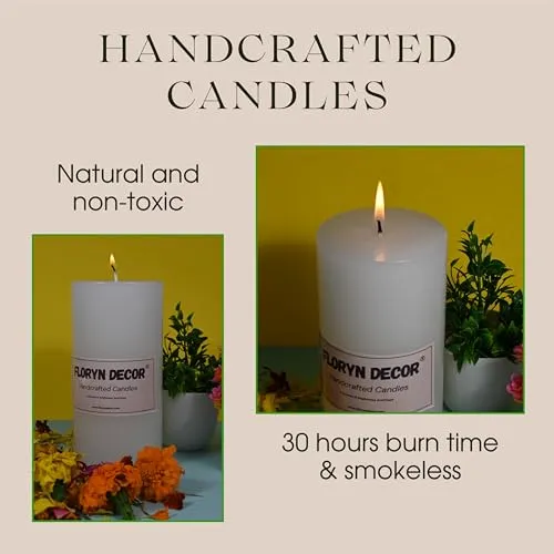 Floryn Decor Luxury Smokeless Pillar Candles, Long Burning Candles, Big Pillar Candles for Home Decor, Size- 3 by 6 inches (Unscented, Pack of 6)