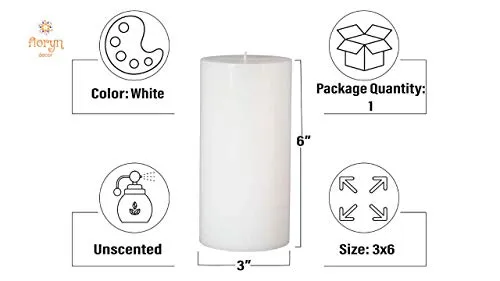 Floryn Decor Luxury Smokeless Pillar Candles, Long Burning Candles, Big Pillar Candles for Home Decor, Size- 3 by 6 inches (Unscented, Pack of 6)