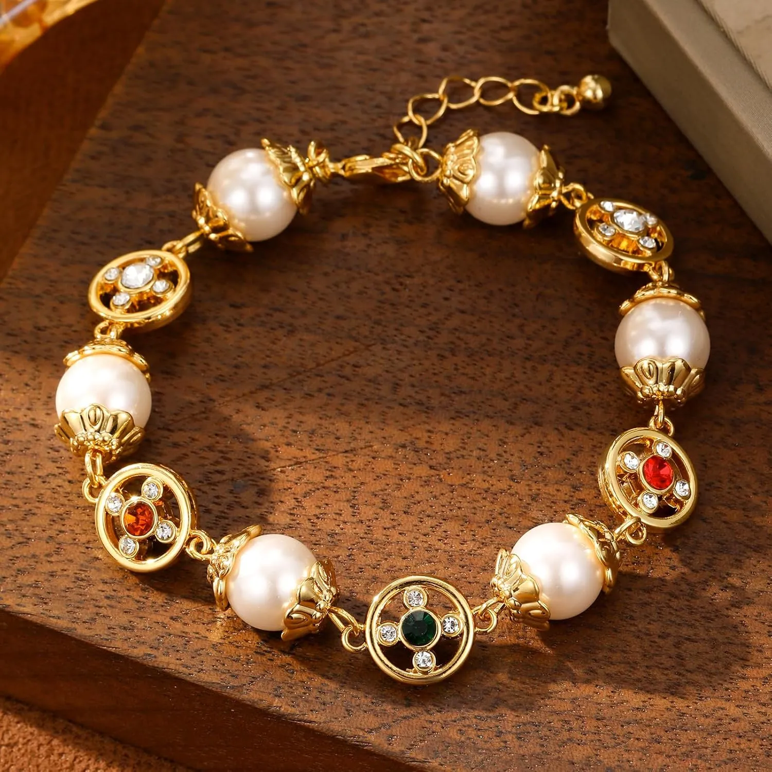 Gold pearl Bracelets for Women Luxurious Multi-color Gemstones Bangles Wide statement Bracelet Fashion Jewelry Gifts(B506-1)