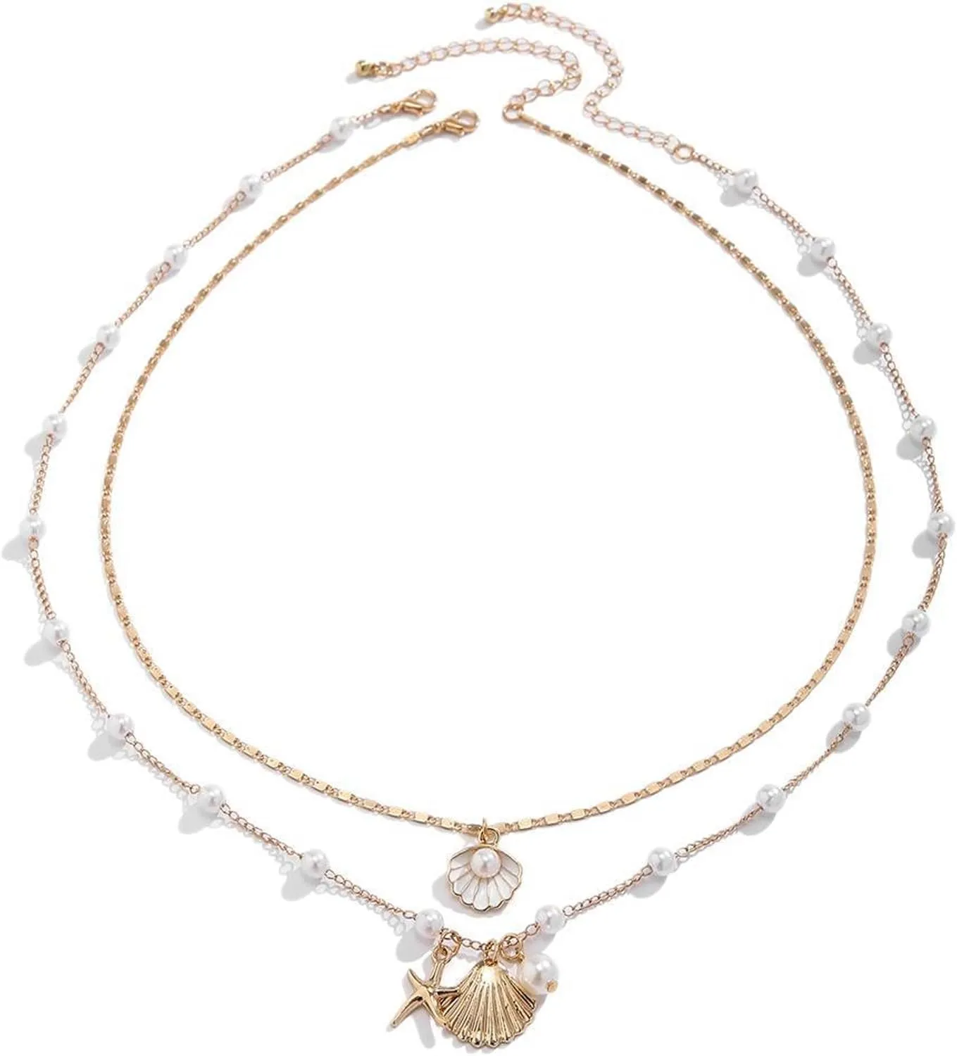 Gold SeaShell Necklace,Layer Charm Necklace for Women,Layered Sequins Starfish Seashell Choker,Beach Jewelry for Women