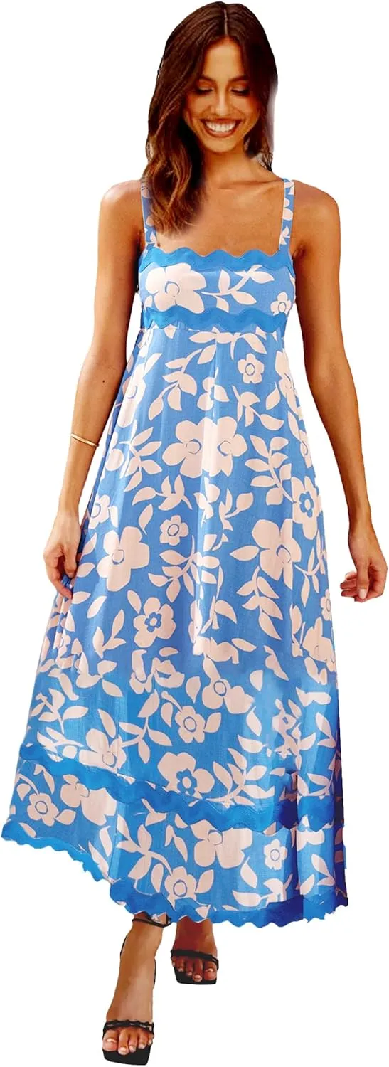 GOLDSTITCH Womens Casual Sleeveless Smocked Maxi Dresses Spaghetti Strap Boho A Line Long Flowy Beach Sundress