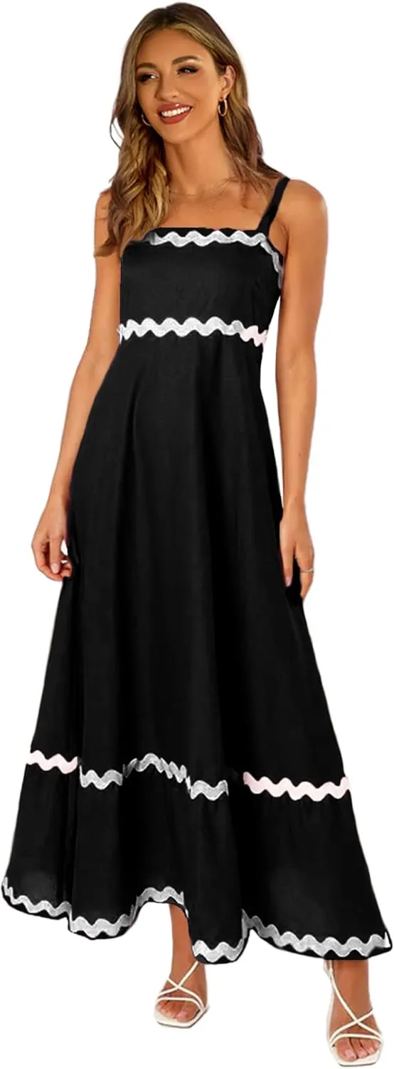 GOLDSTITCH Womens Casual Sleeveless Smocked Maxi Dresses Spaghetti Strap Boho A Line Long Flowy Beach Sundress