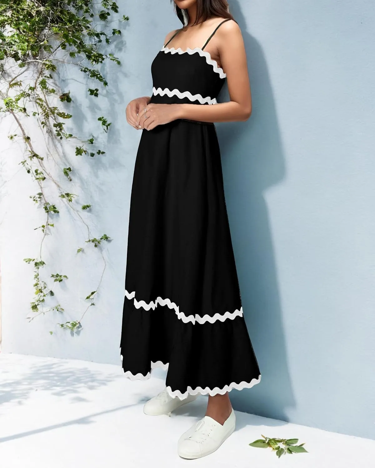 GOLDSTITCH Womens Casual Sleeveless Smocked Maxi Dresses Spaghetti Strap Boho A Line Long Flowy Beach Sundress