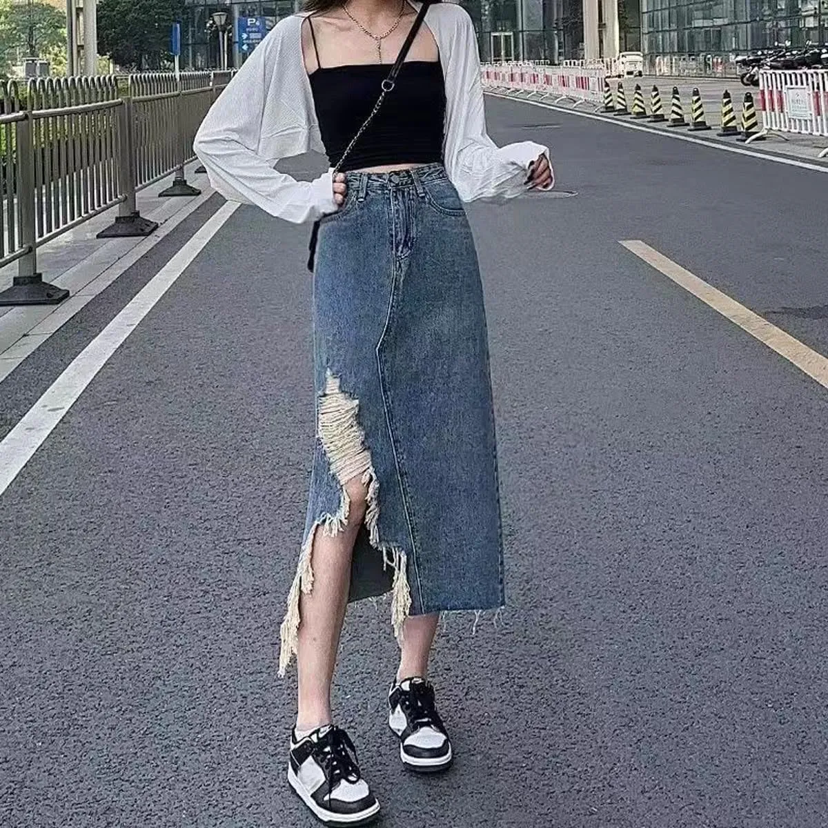 Gothic Denim Skirt, Women's Retro high Waisted Slit with raw Edges, Denim Long Skirt, Women's Denim Half Skirt