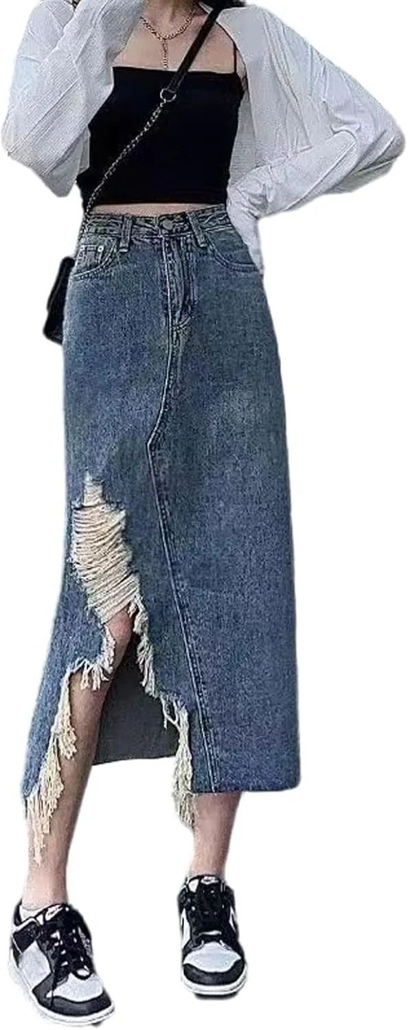Gothic Denim Skirt, Women's Retro high Waisted Slit with raw Edges, Denim Long Skirt, Women's Denim Half Skirt
