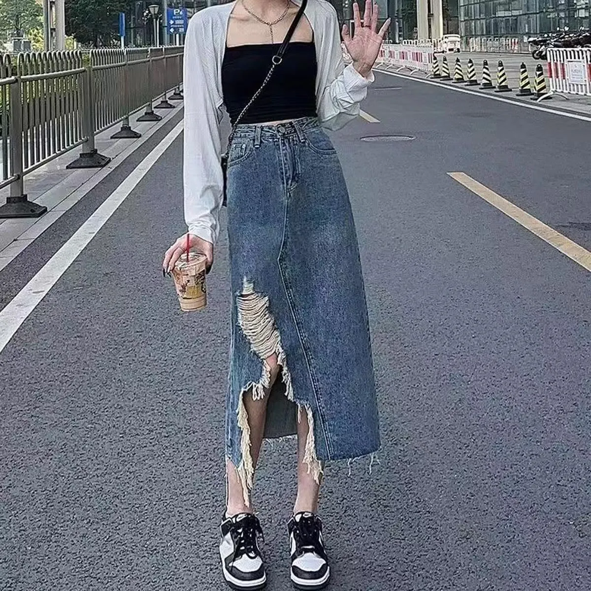 Gothic Denim Skirt, Women's Retro high Waisted Slit with raw Edges, Denim Long Skirt, Women's Denim Half Skirt