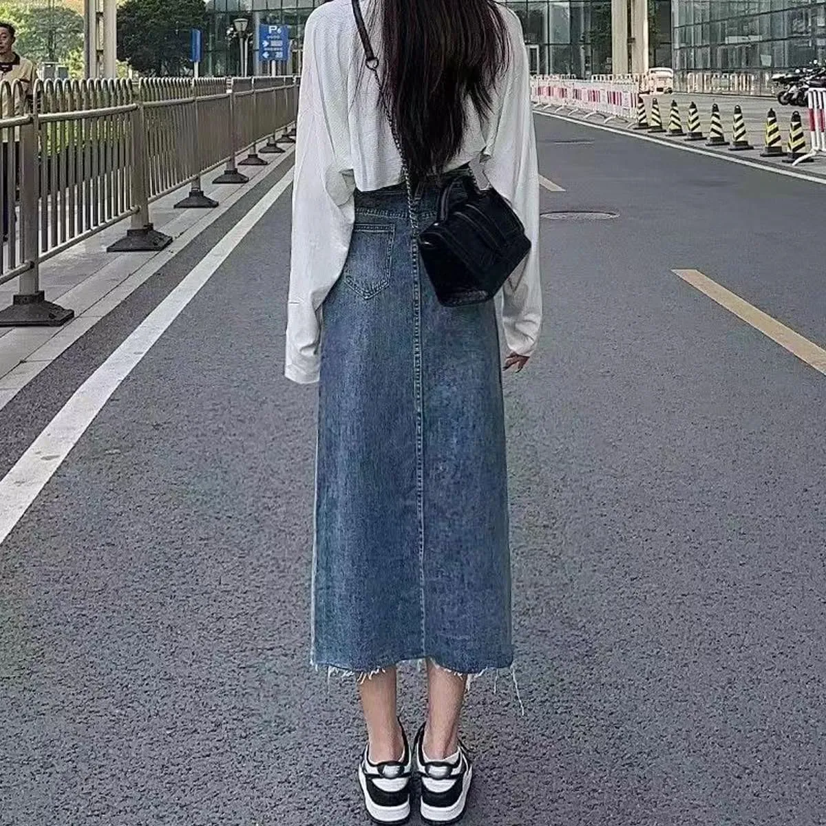Gothic Denim Skirt, Women's Retro high Waisted Slit with raw Edges, Denim Long Skirt, Women's Denim Half Skirt