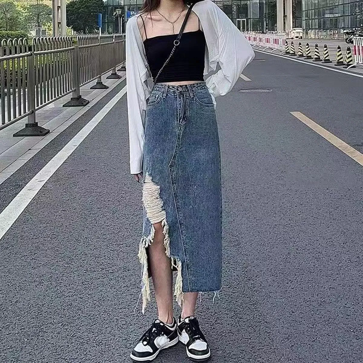 Gothic Denim Skirt, Women's Retro high Waisted Slit with raw Edges, Denim Long Skirt, Women's Denim Half Skirt