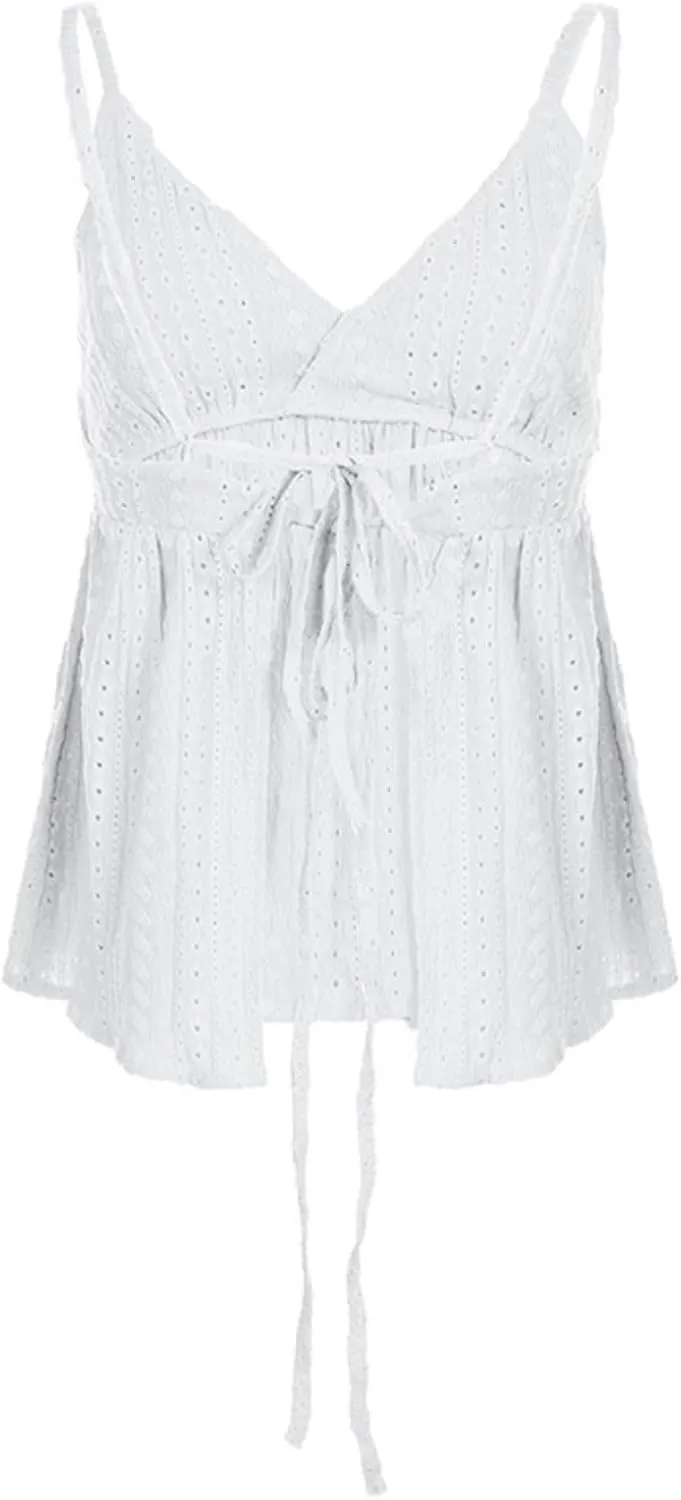 Halter Eyelet Tops for Women V Neck Backless Summer Tops Y2k Loose Fit Babydoll Tank Cute Flowy Beach Shirts