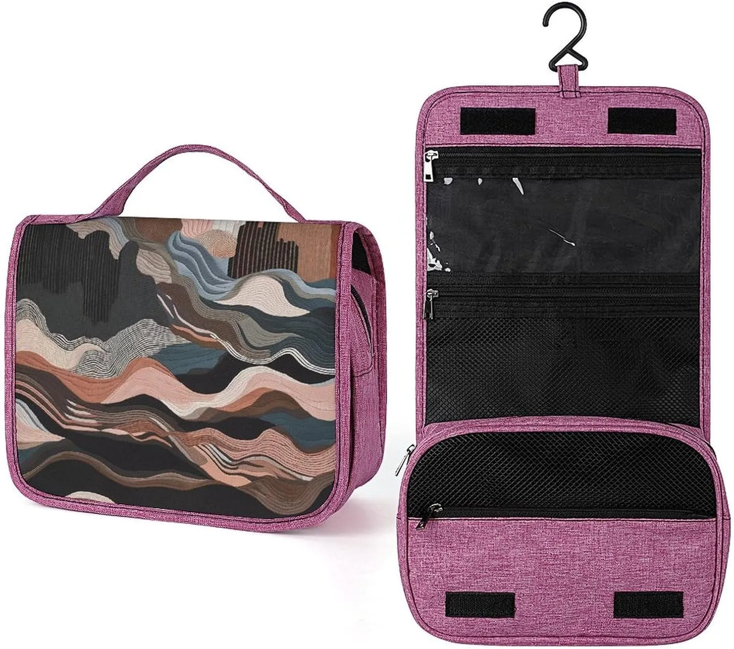 Hanging Travel Toiletry Bag for Women Black Abstract Shapes Printed Travel Cosmetics And Toiletries Organizer Kit Waterproof Bathroom Shower Bag