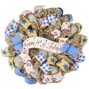 Happy Fourth of July Mesh Door Wreath, Jute and Red