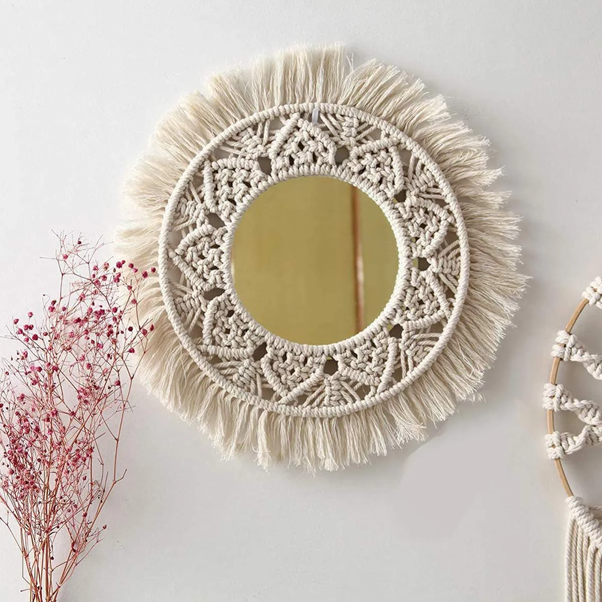 Happy payal Traders Macrame Boho Round Wall Mount Hanging Mirror (White)