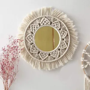 Happy payal Traders Macrame Boho Round Wall Mount Hanging Mirror (White)