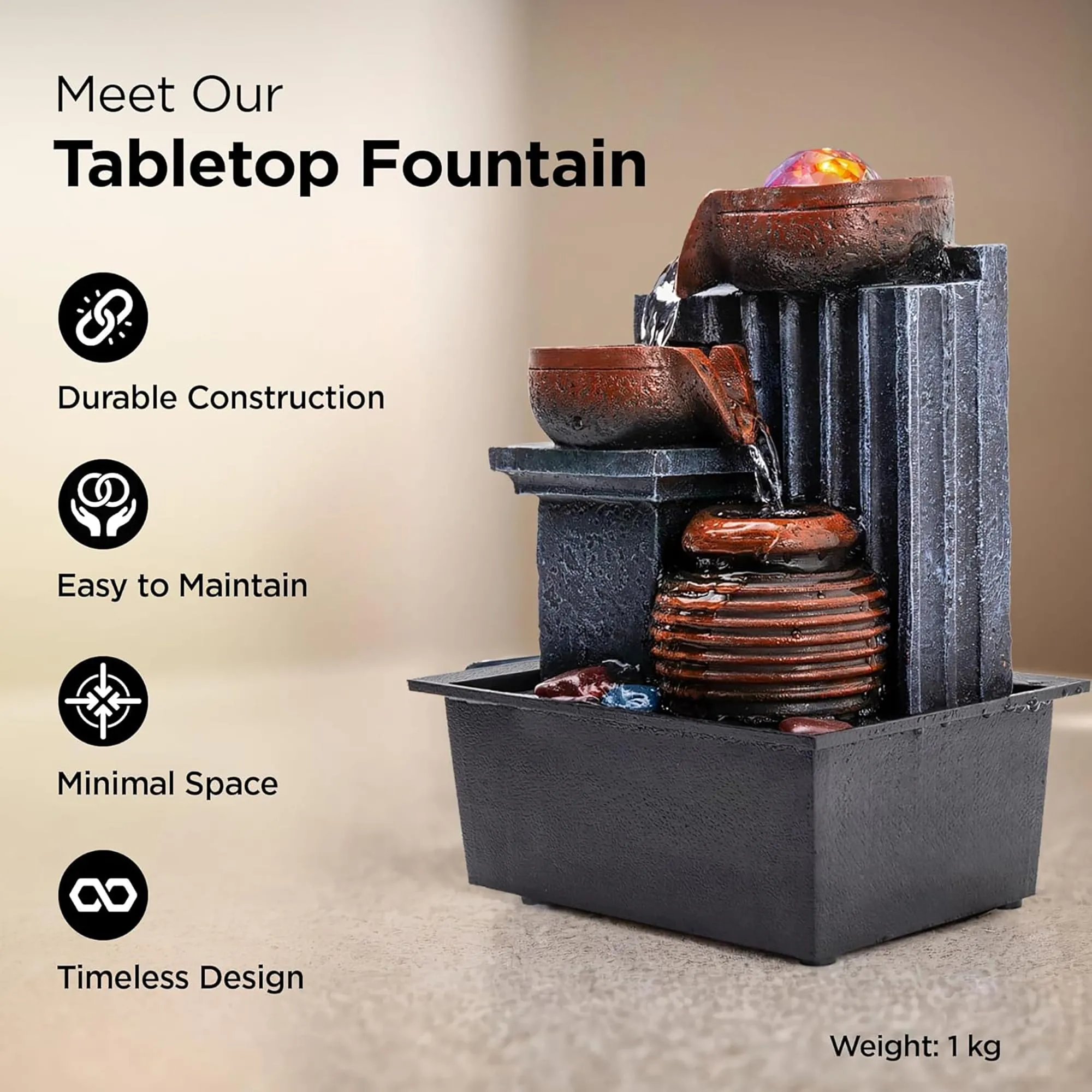 Heart Home Mini Water Fountains for Home Decor | Showpiece Waterfall & Indoor Fountain For Living Room/Hall Table Top - Brown & Grey