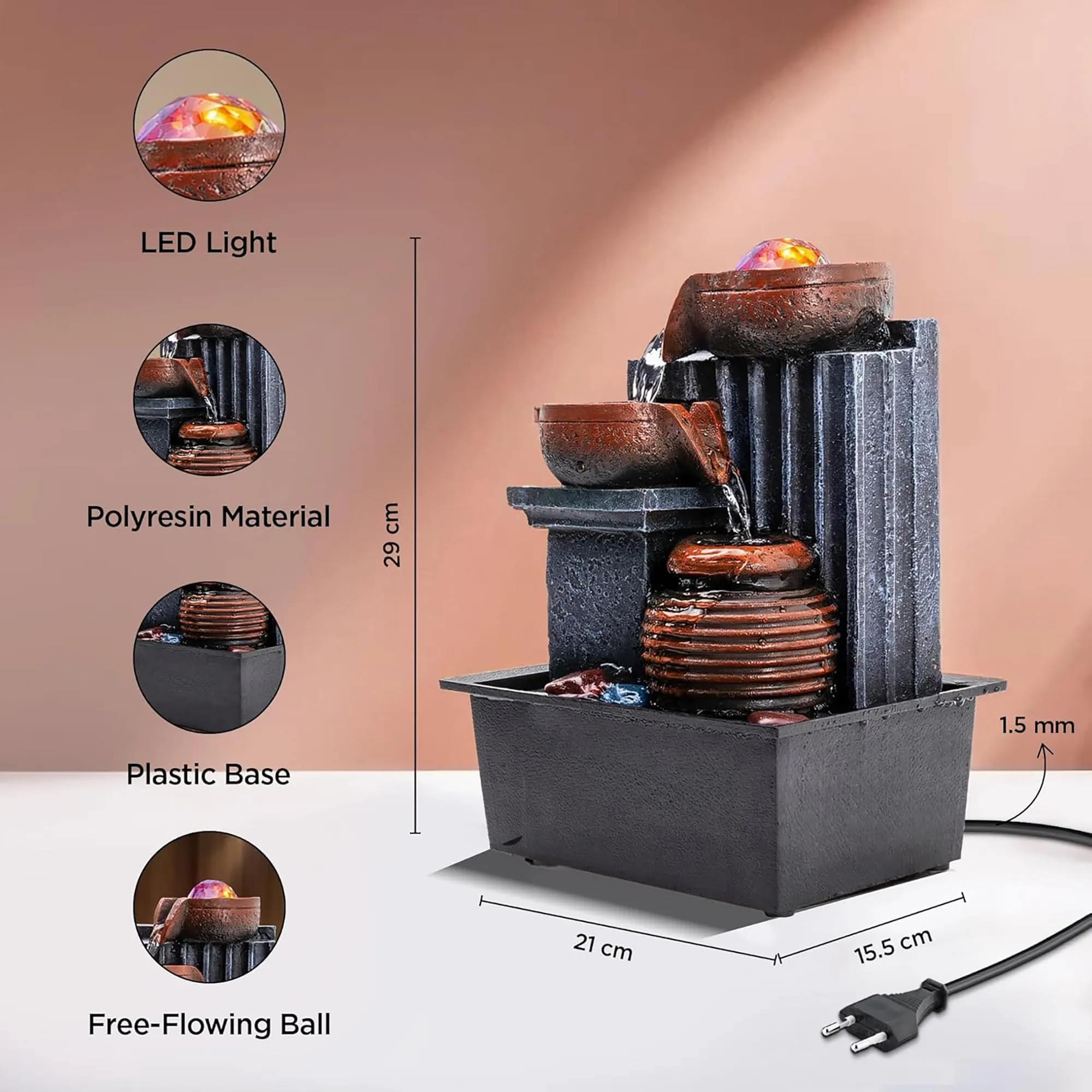 Heart Home Mini Water Fountains for Home Decor | Showpiece Waterfall & Indoor Fountain For Living Room/Hall Table Top - Brown & Grey