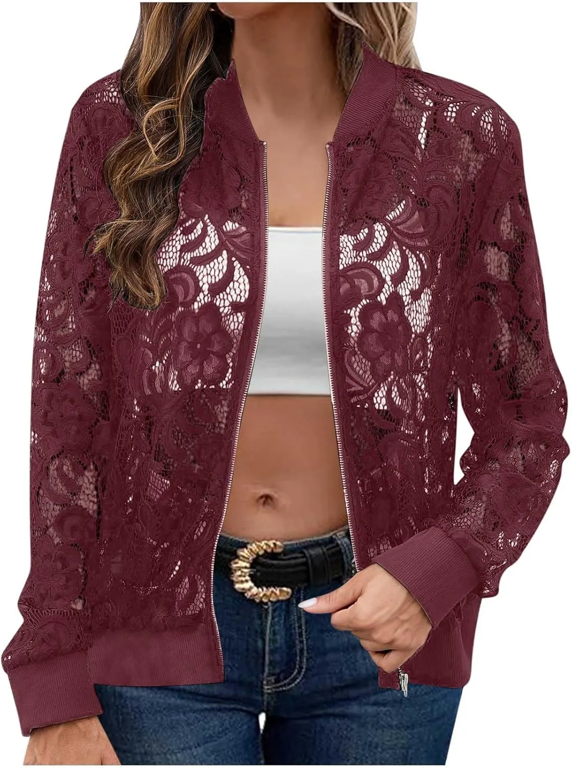 HGps8w Floral Lace Jackets for Women's Stand Collar Zip Up Mesh Sheer Baseball Jacket