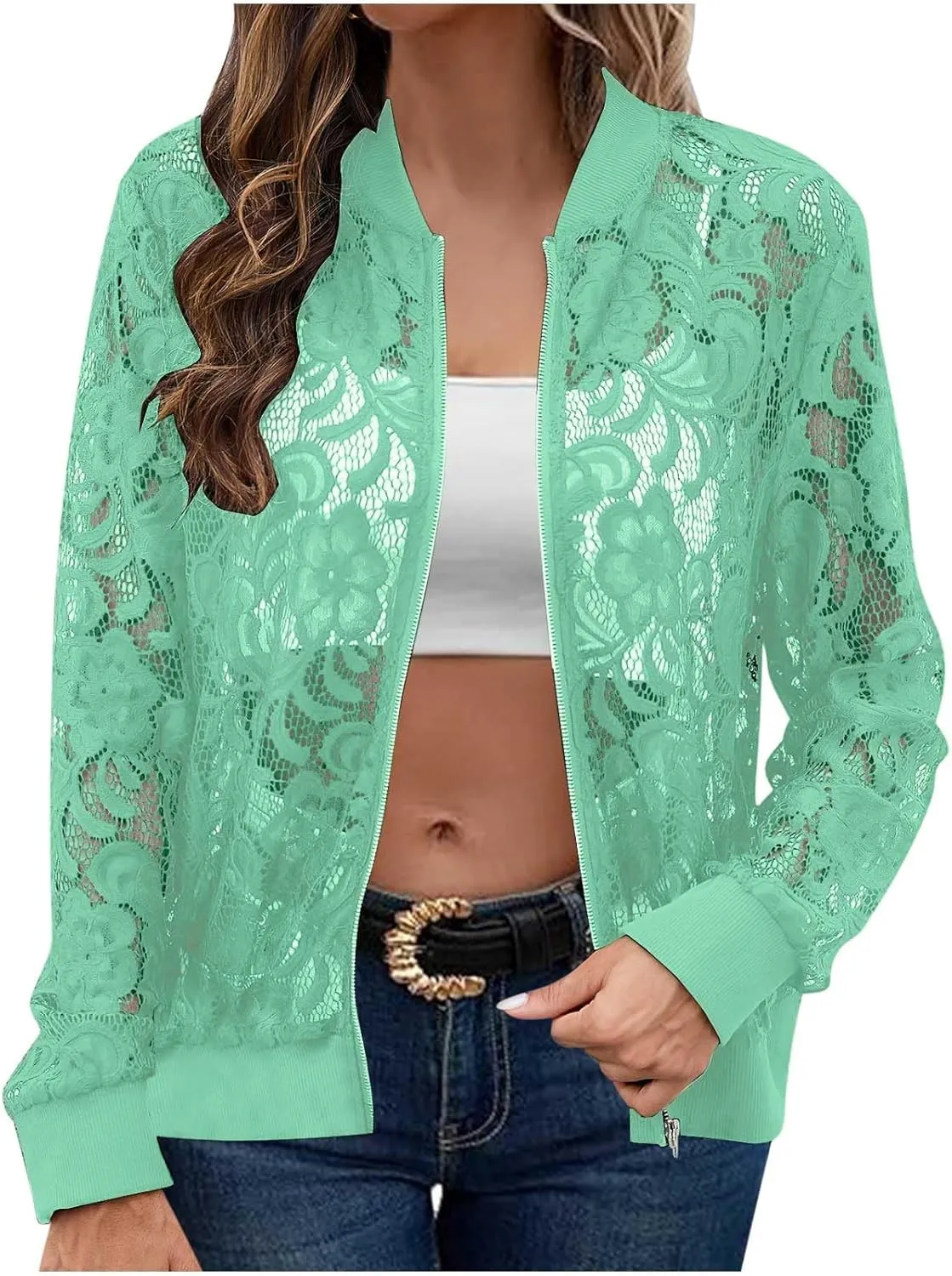 HGps8w Floral Lace Jackets for Women's Stand Collar Zip Up Mesh Sheer Baseball Jacket