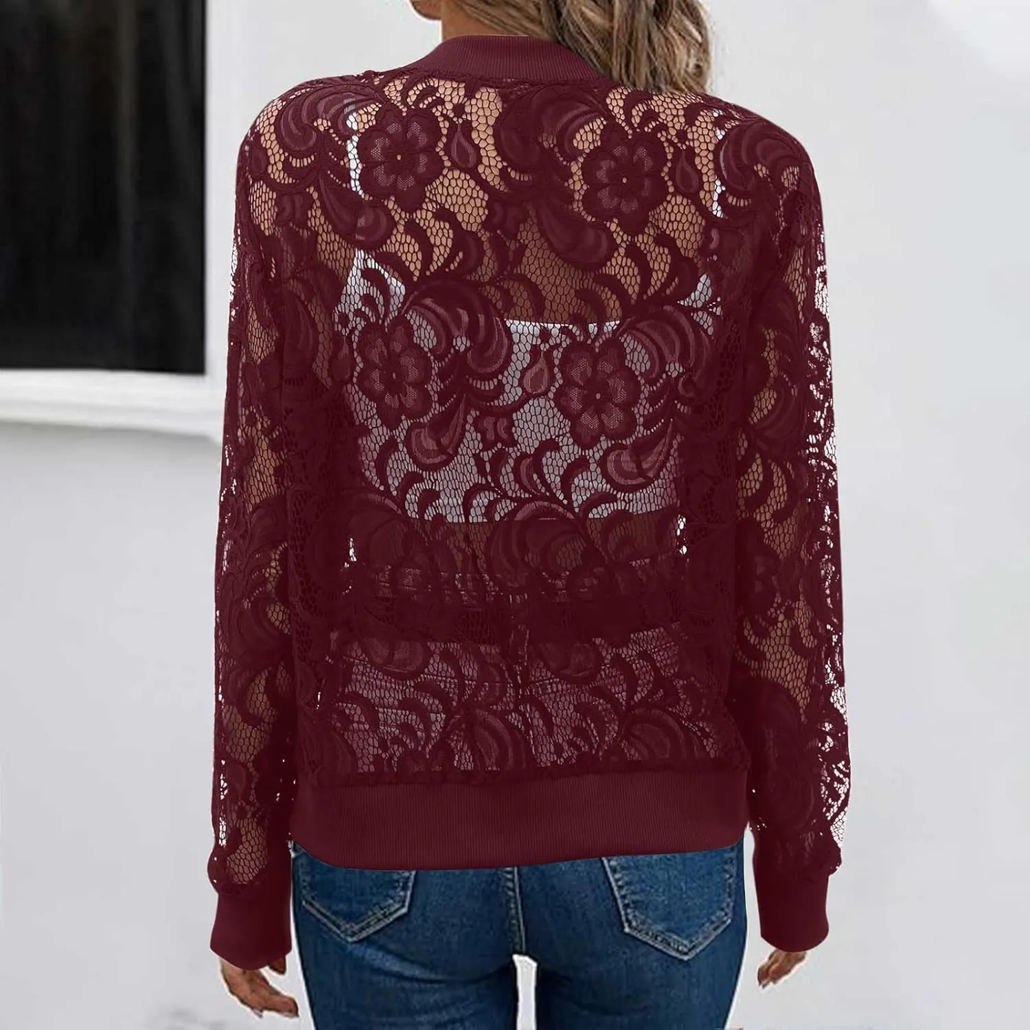 HGps8w Floral Lace Jackets for Women's Stand Collar Zip Up Mesh Sheer Baseball Jacket