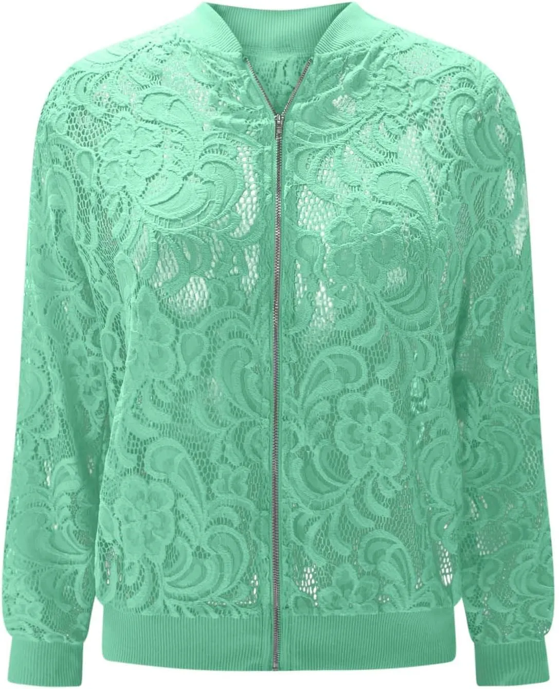 HGps8w Floral Lace Jackets for Women's Stand Collar Zip Up Mesh Sheer Baseball Jacket