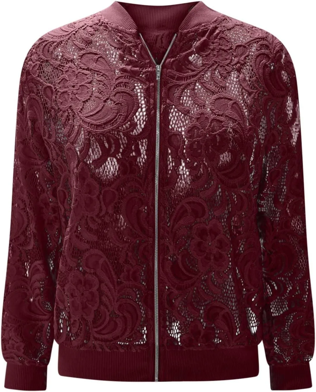 HGps8w Floral Lace Jackets for Women's Stand Collar Zip Up Mesh Sheer Baseball Jacket