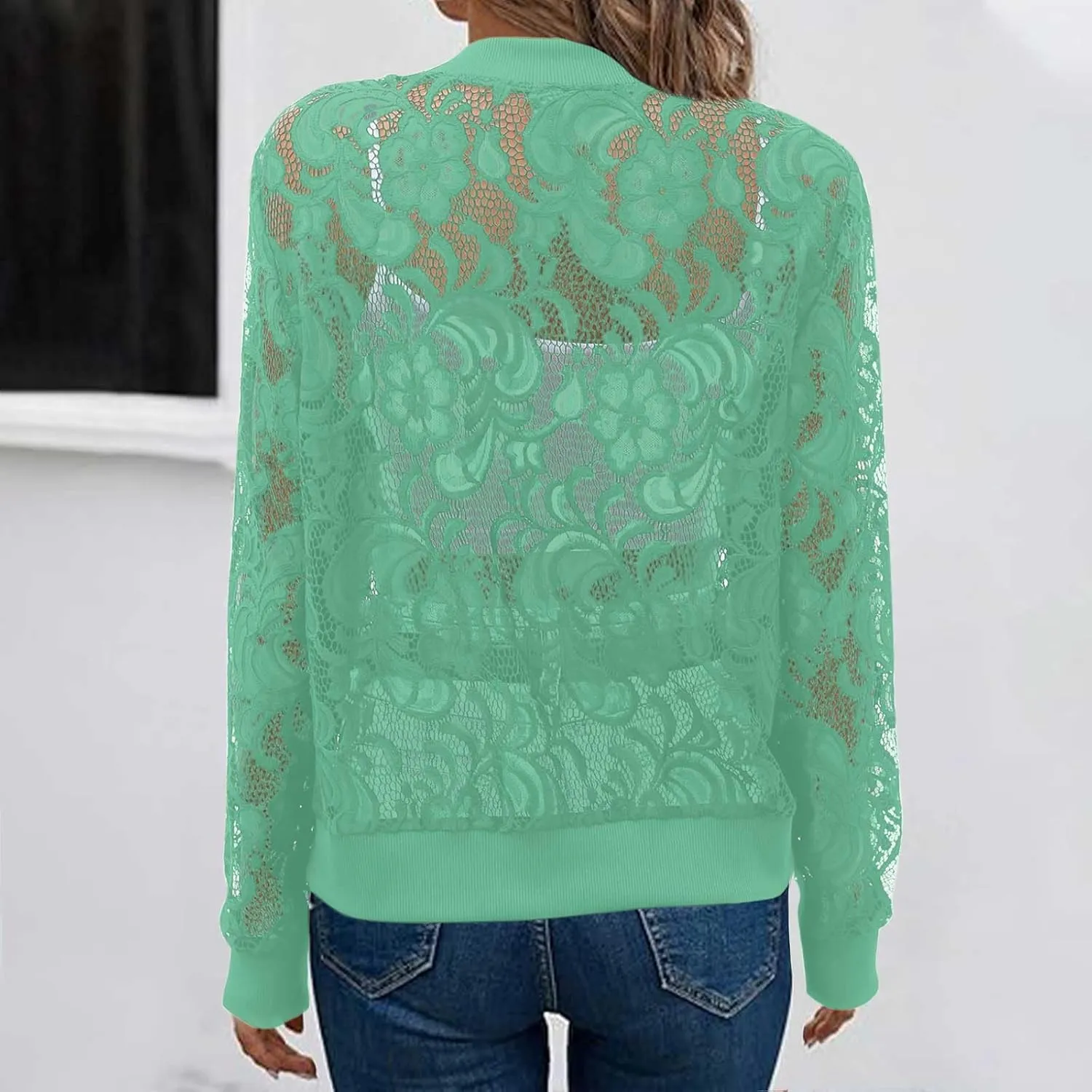 HGps8w Floral Lace Jackets for Women's Stand Collar Zip Up Mesh Sheer Baseball Jacket