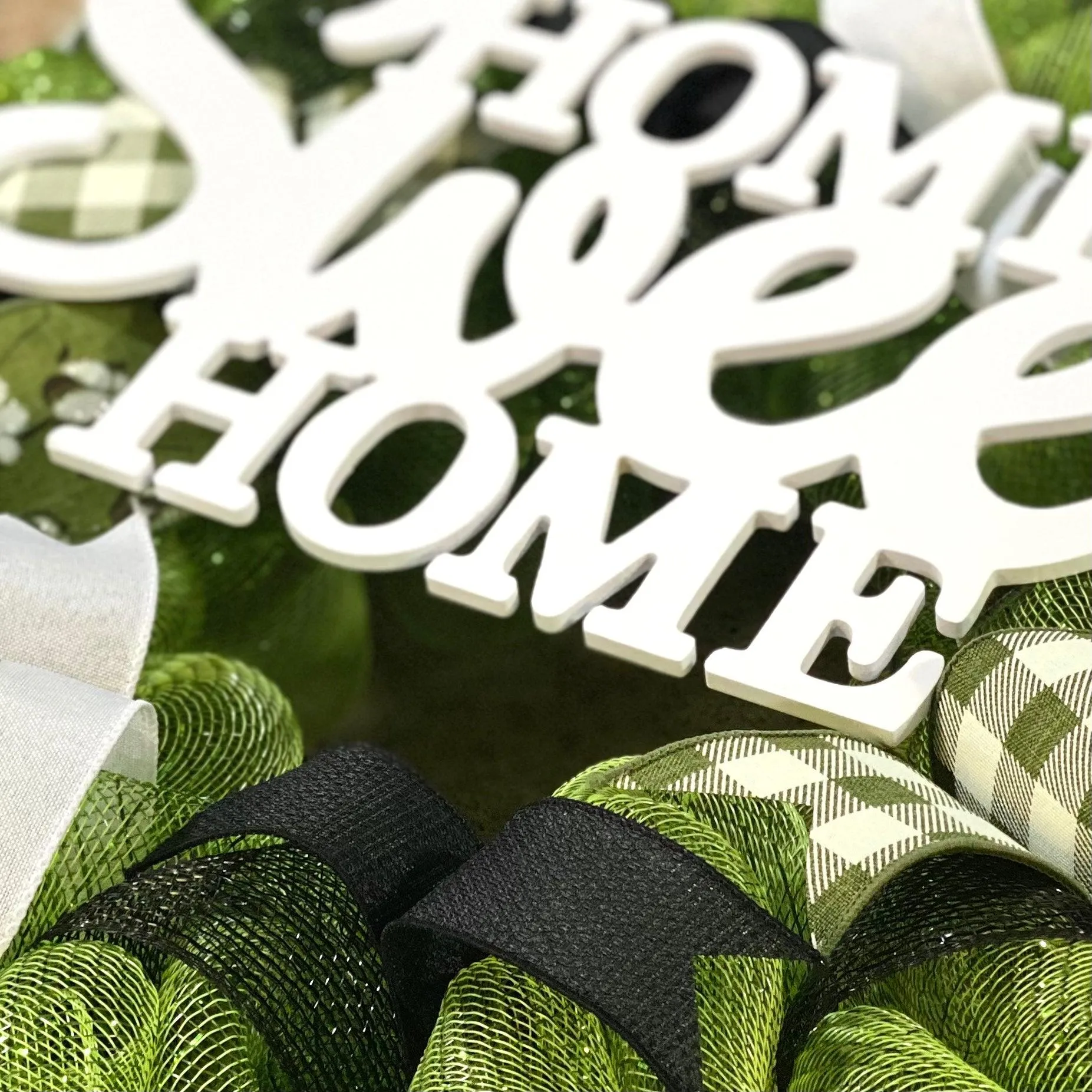 Home Sweet Home Wreath | Cotton Spring Everyday Door Wreath | Moss Green Black White