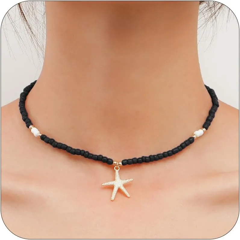 HUASAI Starfish Seashell Necklace Beach Summer Choker Ocean Themed Jewelry for Women Beach Vacation Essentials