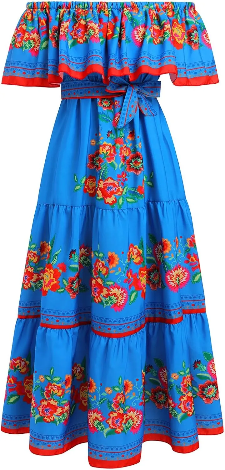 IDOPIP Mexican Dresses for Women Floral Embroidered Maxi Dresses Summer Ruffle Off Shoulder Traditional Fiesta Party Vestidos