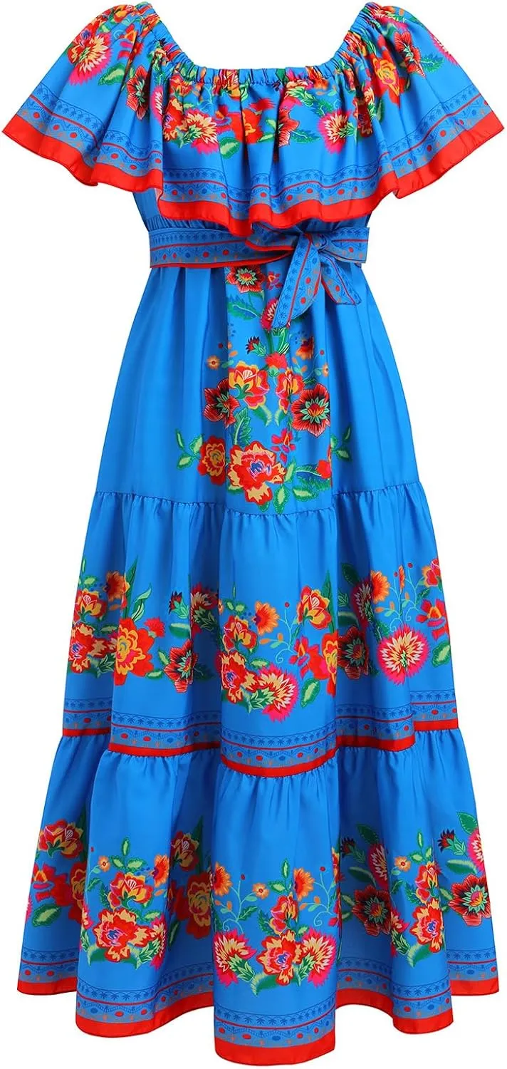 IDOPIP Mexican Dresses for Women Floral Embroidered Maxi Dresses Summer Ruffle Off Shoulder Traditional Fiesta Party Vestidos