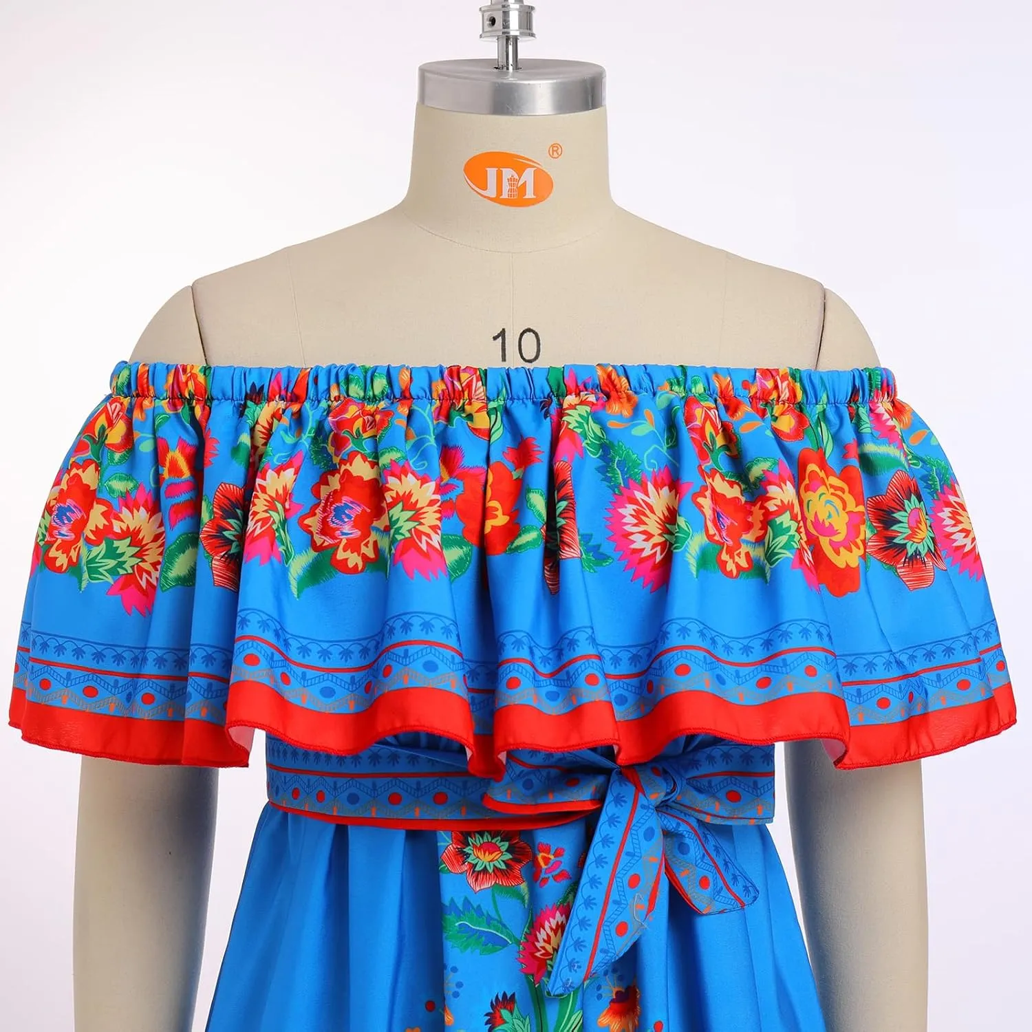 IDOPIP Mexican Dresses for Women Floral Embroidered Maxi Dresses Summer Ruffle Off Shoulder Traditional Fiesta Party Vestidos