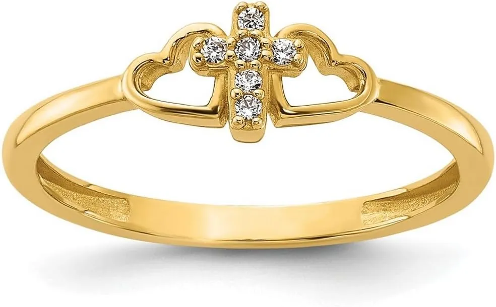 JewelryWeb 14k Solid Yellow Gold Polished CZ Simulated Diamond Religious Faith Cross and Love Hearts Ring Statement-Ring for Women