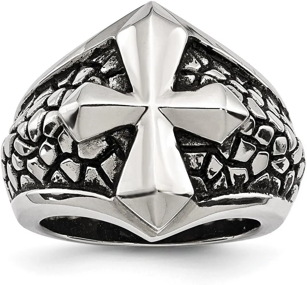 JewelryWeb 20.7mm Stainless Steel Polished Artisan Oxidized Religious Faith Cross and Caviar Ring Size 9 Band Style-Ring for Women