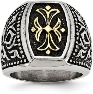 JewelryWeb Stainless Steel Artisan Oxidized and Gold Plated Polished Religious Faith Cross Ring Size 10 Band Style-Ring for Women
