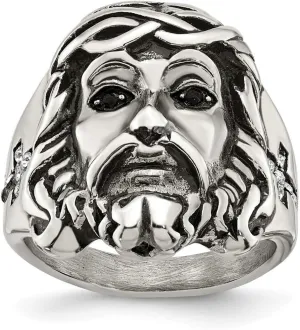 JewelryWeb Stainless Steel Artisan Oxidized and Polished With Black And White Crystal Religious Faith Inspiration Jesus Ring Band Style-Ring for Women
