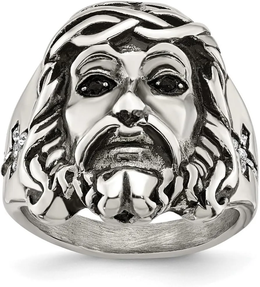 JewelryWeb Stainless Steel Artisan Oxidized and Polished With Black And White Crystal Religious Faith Inspiration Jesus Ring Band Style-Ring for Women