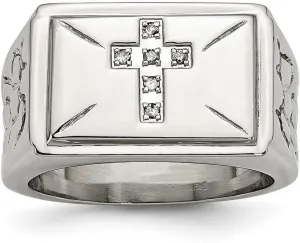 JewelryWeb Stainless Steel Diamond Religious Faith Cross With Textured Sides Polished Ring Size 10 Band Style-Ring for Women