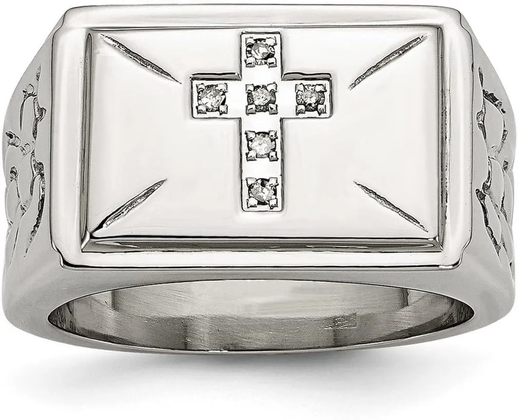 JewelryWeb Stainless Steel Diamond Religious Faith Cross With Textured Sides Polished Ring Size 10 Band Style-Ring for Women