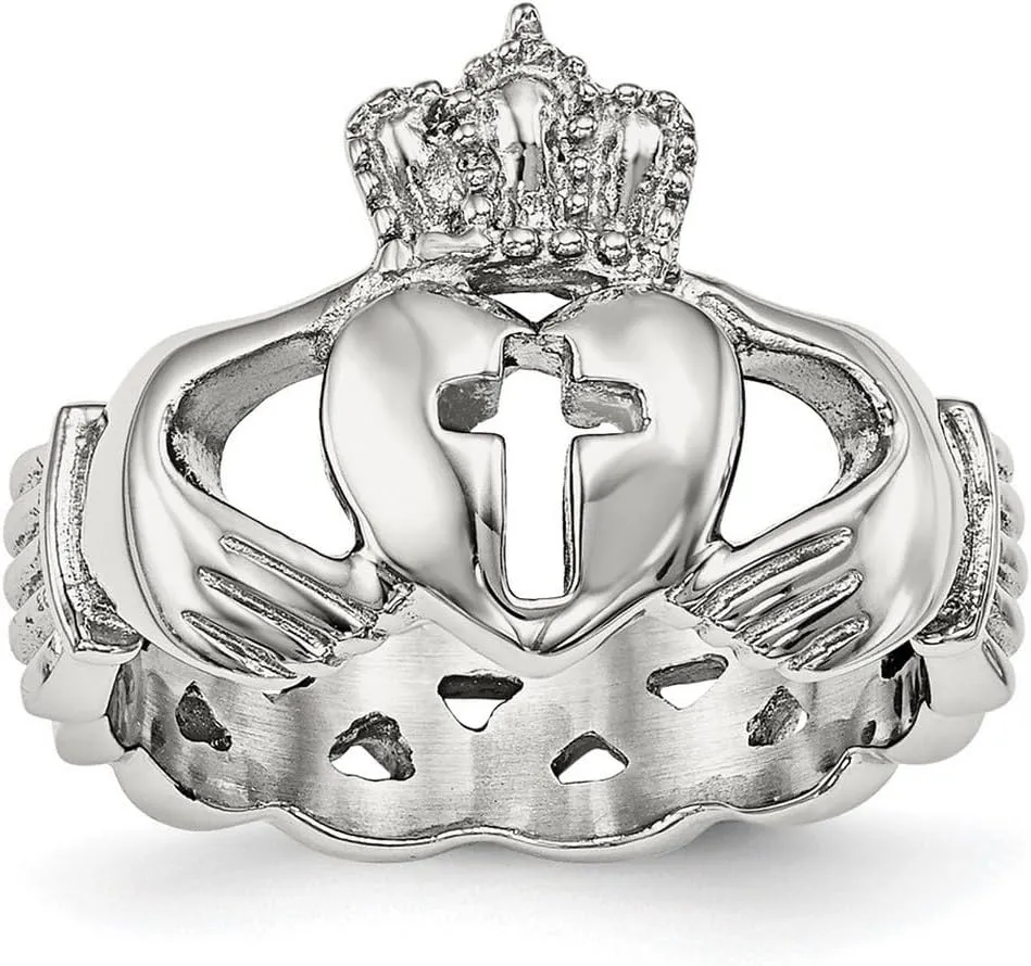 JewelryWeb Stainless Steel Polished Irish Claddagh Celtic Trinity Knot With Religious Faith Cross Ring Size 13 Band Style-Ring for Women