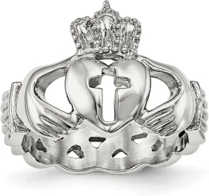 JewelryWeb Stainless Steel Polished Irish Claddagh Celtic Trinity Knot With Religious Faith Cross Ring Size 13 Band Style-Ring for Women