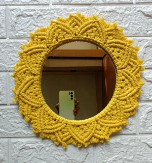 KHUSHBOO'S Art Box - Macrame Hanging Wall Mirror with Macrame Round Mirror Art | Boho Decor Macrame Decorative Mirror (Yellow)