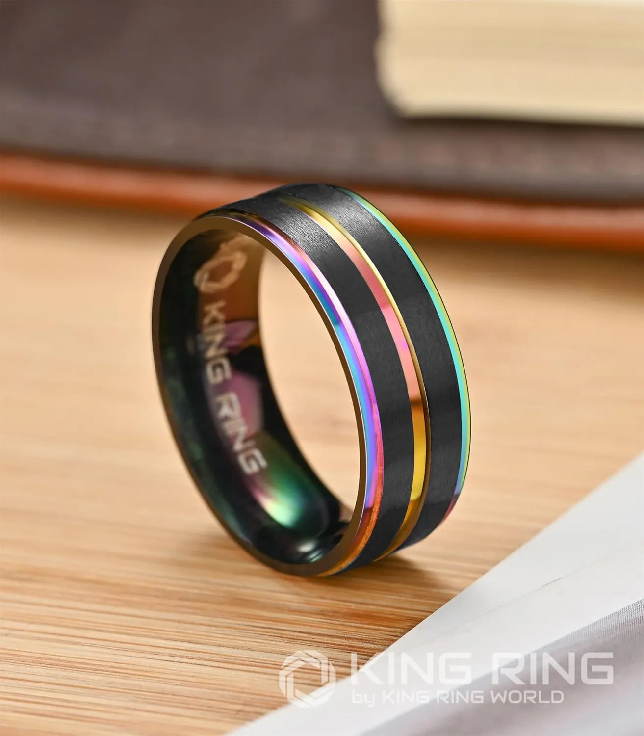 King Ring 8mm Solid Ring  Fine Polished Mens Ring with Two Matt Lines  Designed in USA