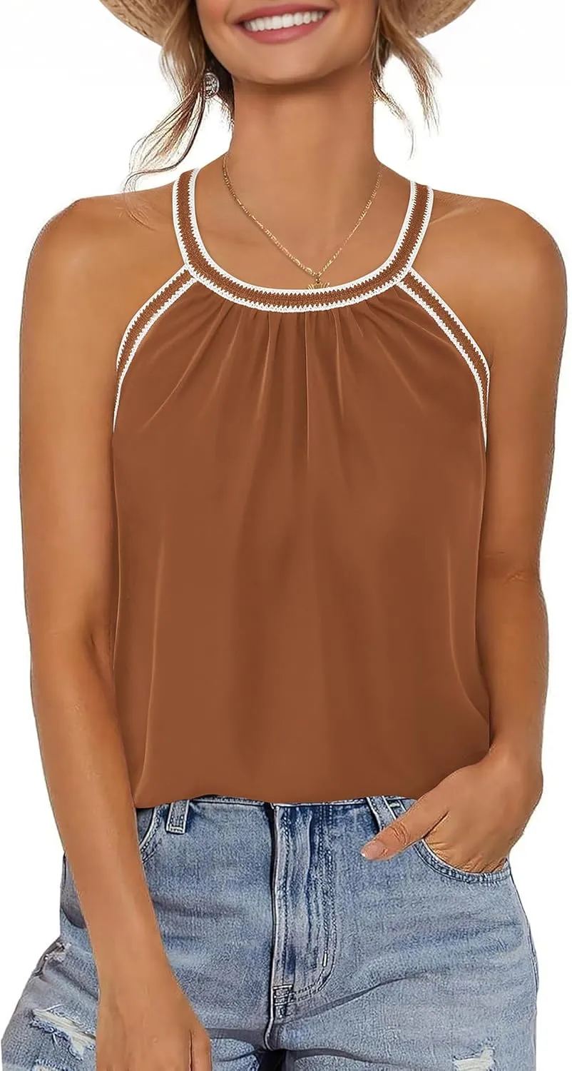 KIRUNDO Halter Tops for Women 2025 Summer Pleated Tank Top Boho Casual Camisole Sleeveless Shirts Beach Vacation Clothes