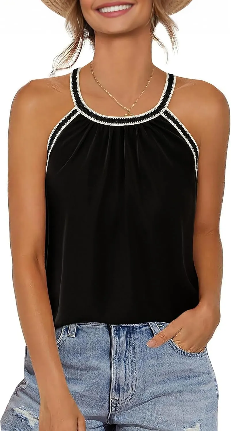 KIRUNDO Halter Tops for Women 2025 Summer Pleated Tank Top Boho Casual Camisole Sleeveless Shirts Beach Vacation Clothes
