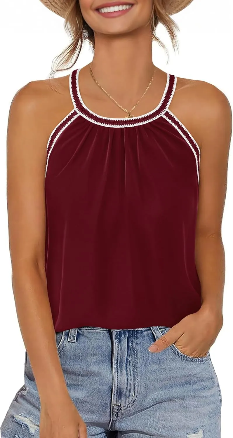 KIRUNDO Halter Tops for Women 2025 Summer Pleated Tank Top Boho Casual Camisole Sleeveless Shirts Beach Vacation Clothes
