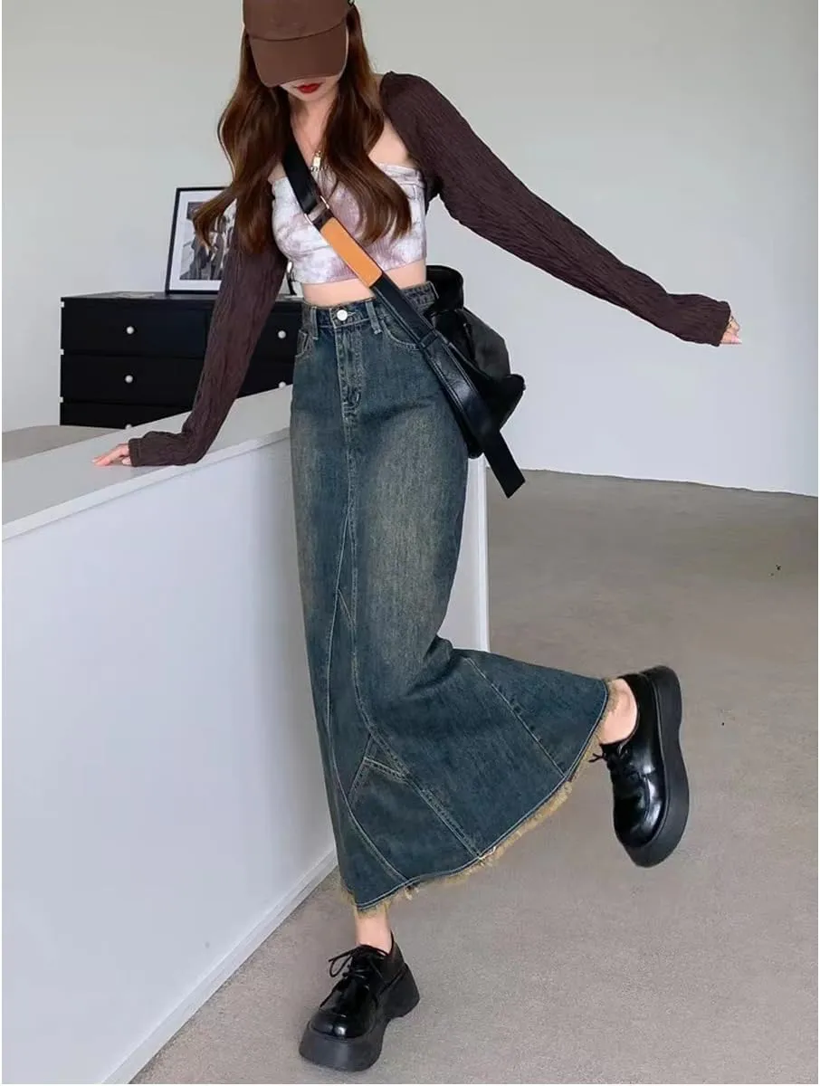 Korean Version Retro Denim Skirt, Women's high Waisted Back Split Fish Tail Half Body Denim Skirt, Gothic Denim Skirt