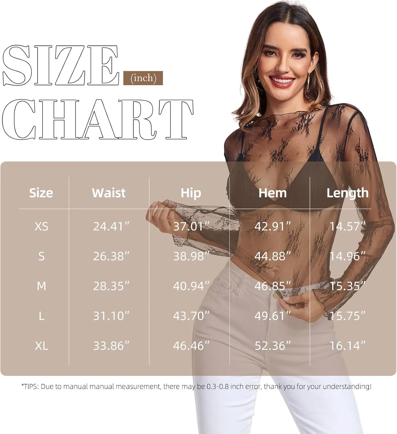 Lace Long Sleeve Top for Women Sheer Mesh Layering Top Mock Neck See Through T-Shirt Blouse