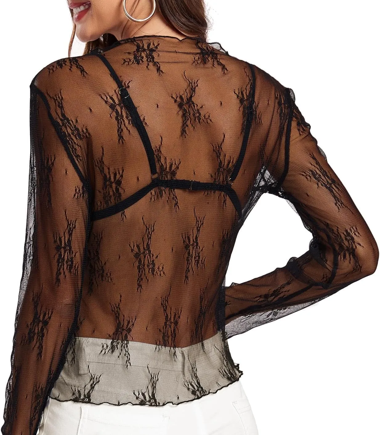 Lace Long Sleeve Top for Women Sheer Mesh Layering Top Mock Neck See Through T-Shirt Blouse