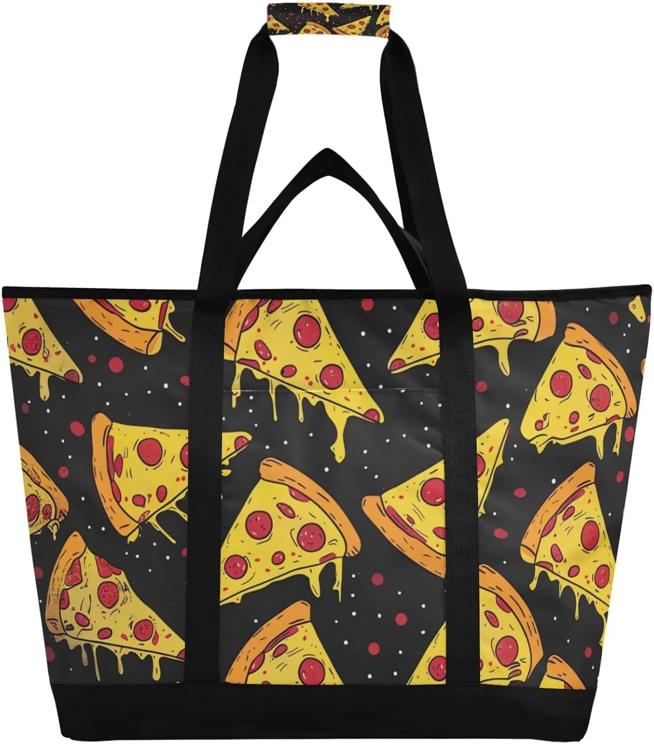 Large Insulated Reusable Tote Bag Collection Pizzas Shapes for Grocery Shopping for Women Men, Cooler Bag with Zippered Top & Handles for Travel Beach Picnic