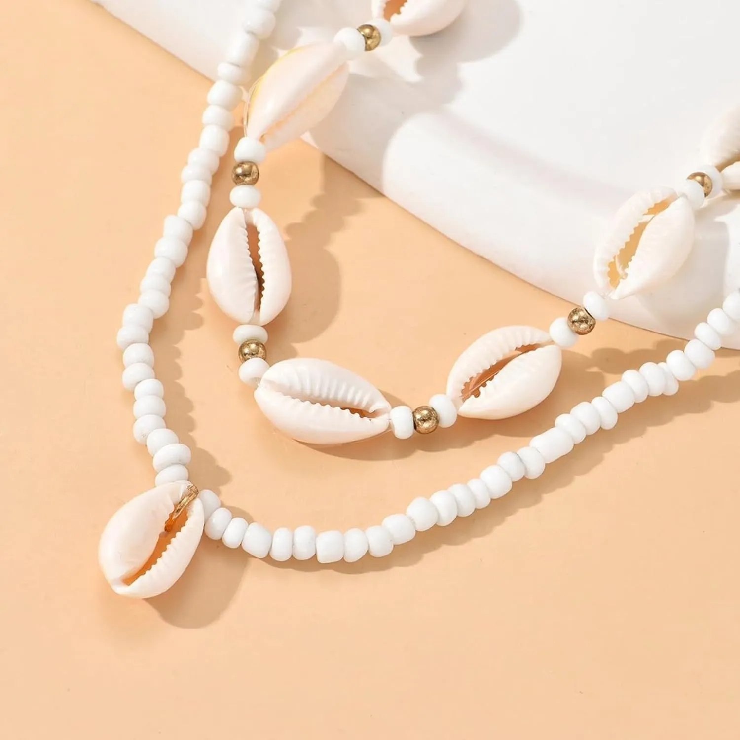 Layered Natural Seashell Necklace for Women,Colorful Rice Beaded Choker Necklace Handmade Adjustable Seed Bead Cowrie Shell Necklace Beach Jewelry